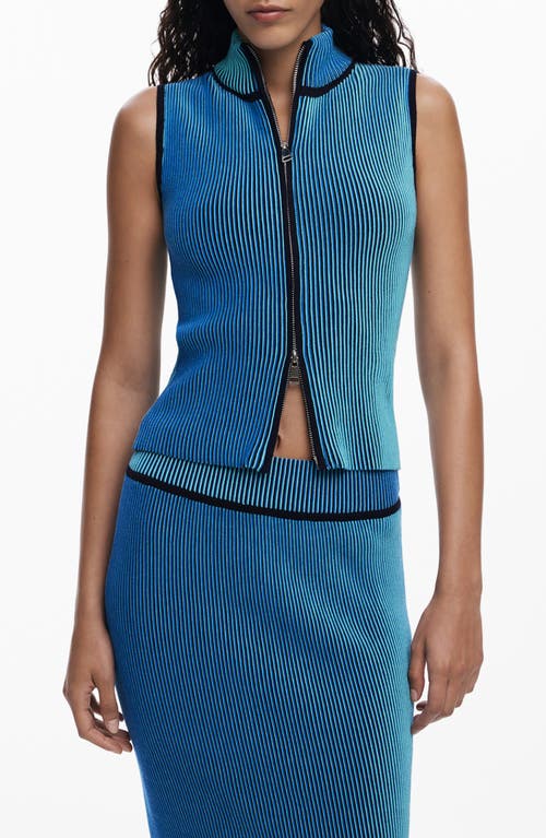 Desigual Sleeveless Front Zip Rib Top In Blue