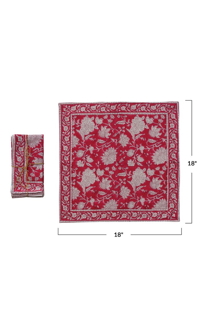 Block-Printed Cotton Floral Napkins, Set of 4, Alternate, color, Red and White