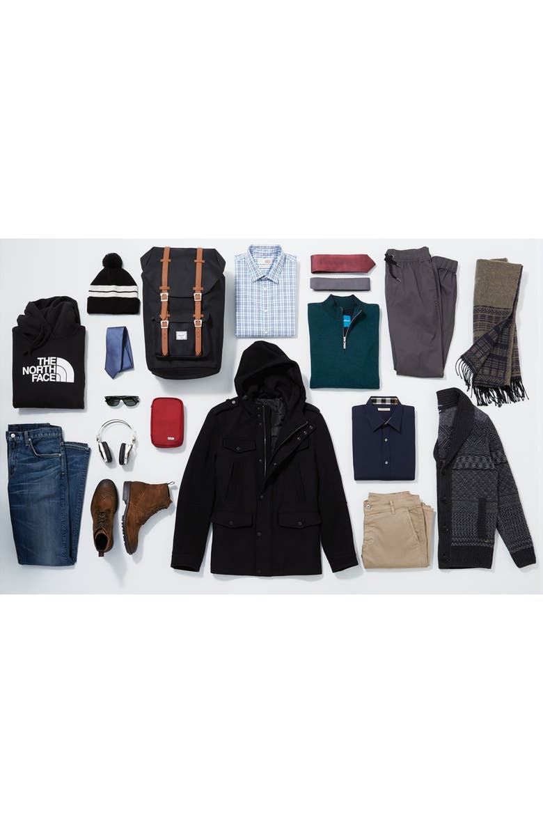 Black Rivet Wool Blend Hooded Military Jacket, Alternate, color, 