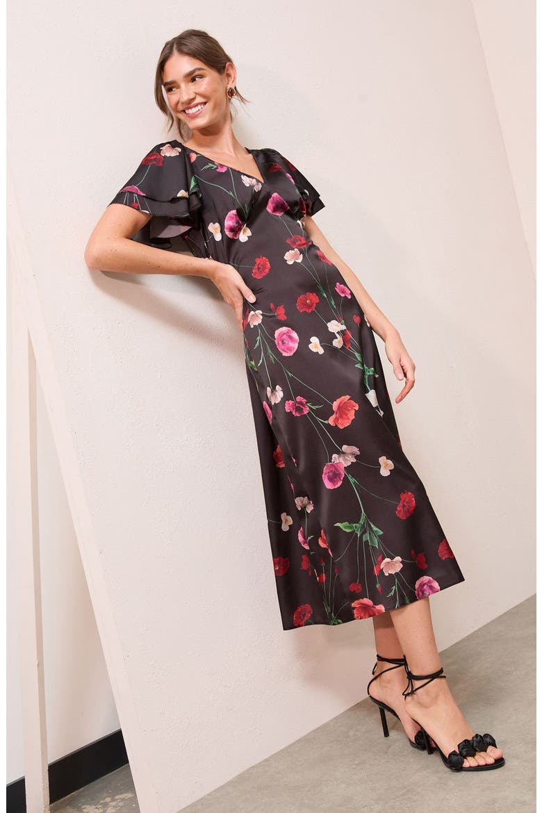 Floral Satin Midi Dress, Alternate, color, BLACK