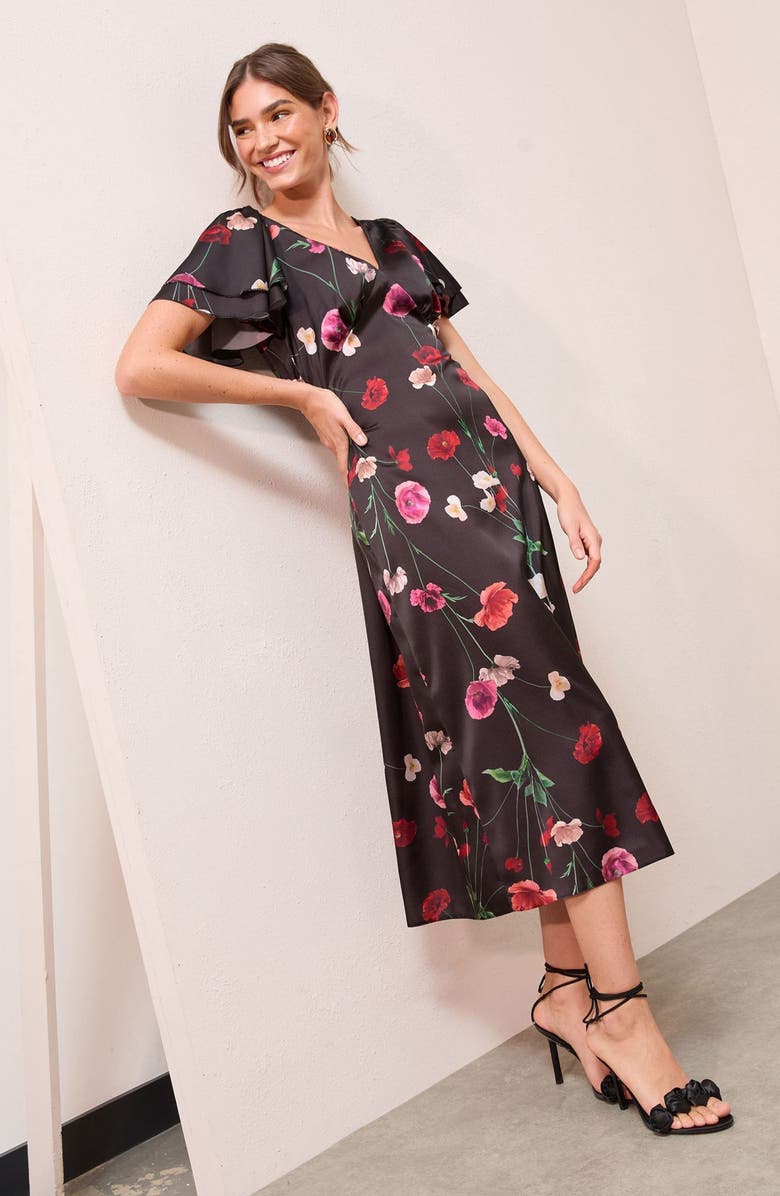 Friends Like These Floral Satin Midi Dress, Alternate, color, Black