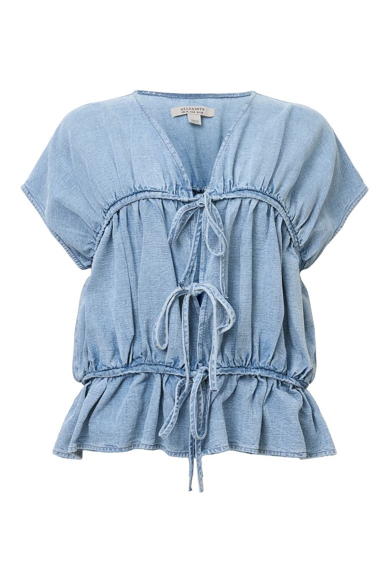 Remy Gathered Tie Front Denim Top, Alternate, color, LIGHT BLUE