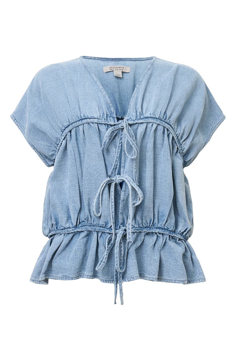 AllSaints Remy Gathered Tie Front Denim Top, Alternate, color, Light Blue