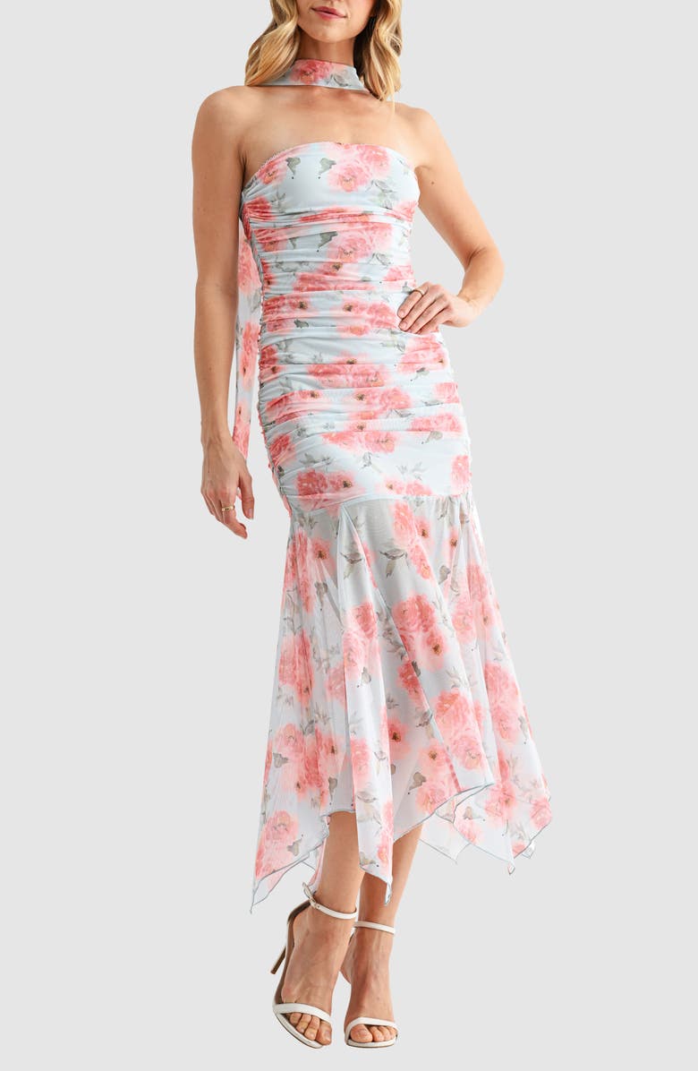 All in Favor Floral Ruched Drop Waist Midi Dress with Removable Scarf, Alternate, color, Blue Mauve Floral