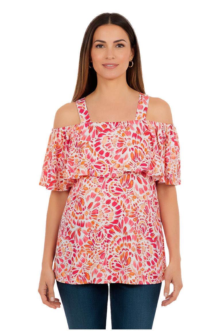 Stretch Knit Cold Shoulder Ruffle Tunic, Main, color, PINK BURST FEATHER