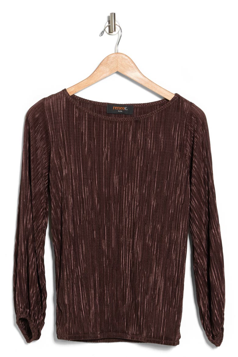 Plissé Long Puff Sleeve Top, Alternate, color, BROWN