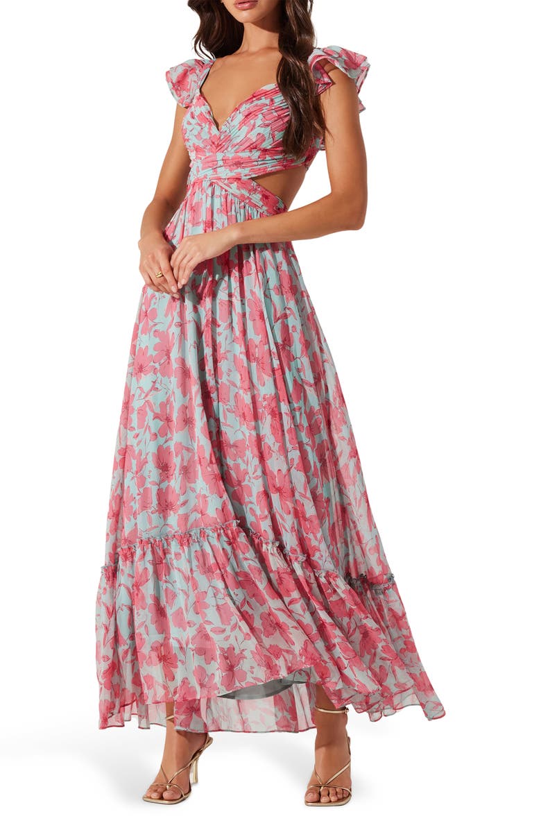 ASTR the Label Primrose Cutout Detail Maxi Dress, Main, color, Pink Aqua Floral