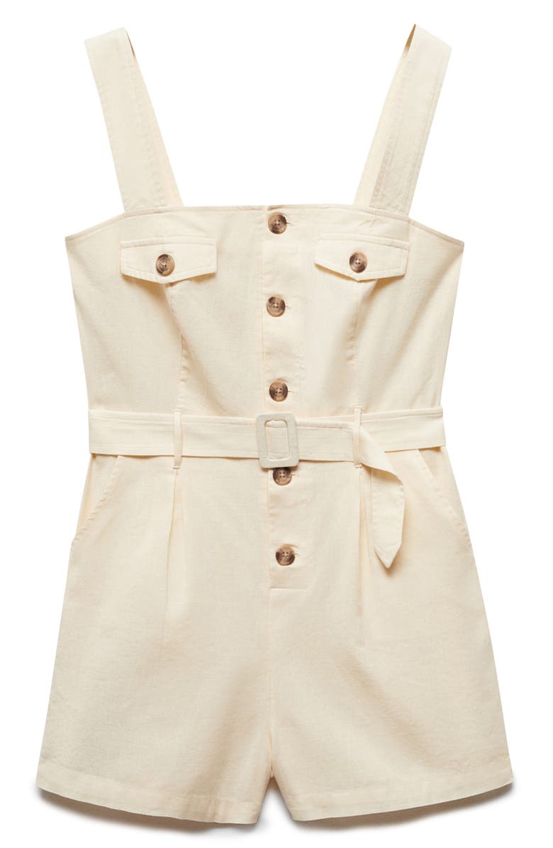 MANGO Belted Sleeveless Cotton & Linen Romper, Main, color, 