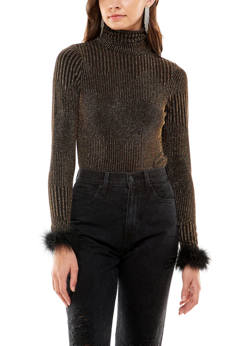 Besos Metallic Turtleneck Bodysuit, Main, color, BLACK/ GOLD