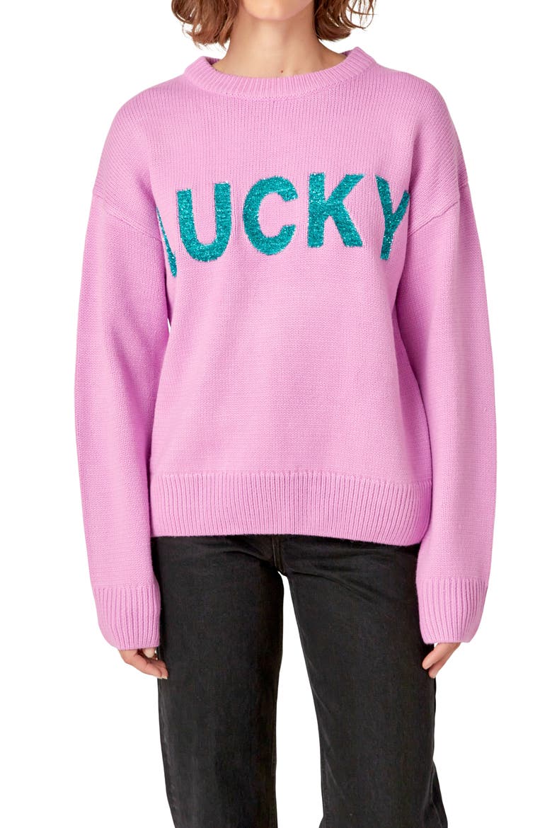 Glitter Lettering Sweater, Alternate, color, PINK