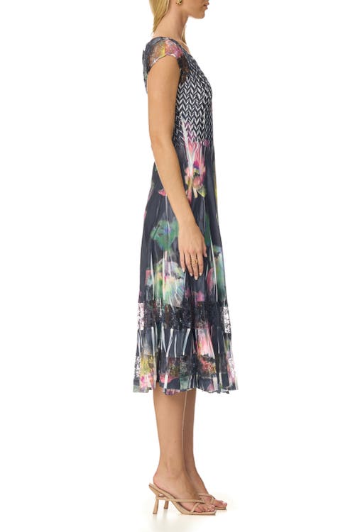 Komarov Floral Print Dress With Lace Cap Sleeve In Multi