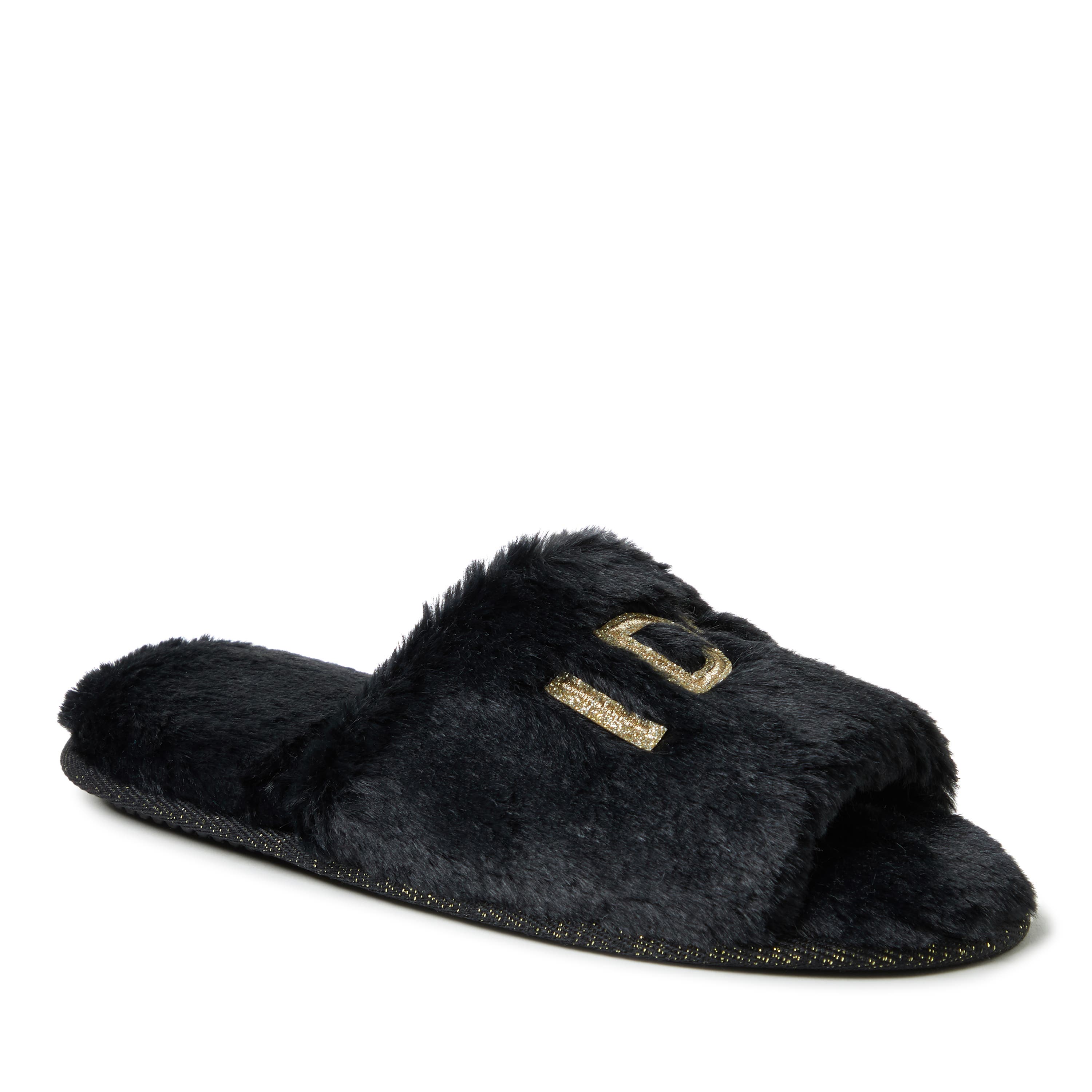 Dearfoams Lane Bridal I Do Fuzzy Slide Slipper, Alternate, color, Black
