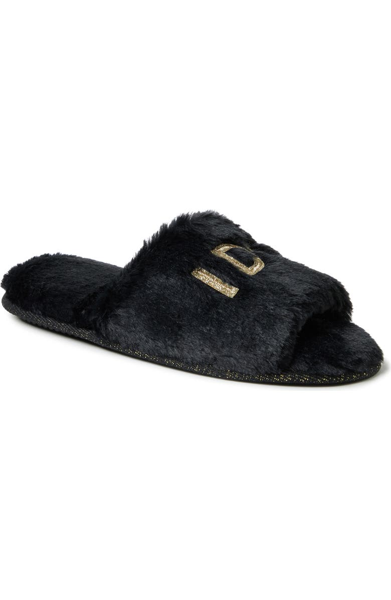 Dearfoams Lane Bridal I Do Fuzzy Slide Slipper, Alternate, color, Black