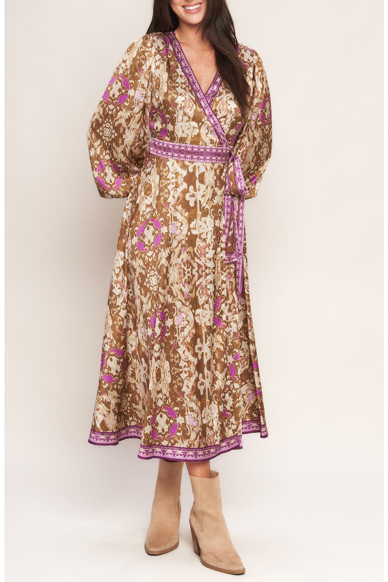 Long Sleeve Wrap Midi Dress, Alternate, color, BROWN