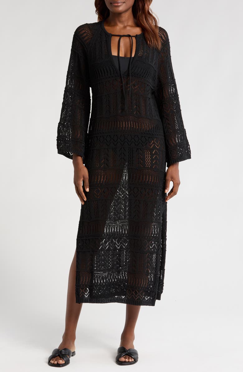 Elan Lace Knit Long Sleeve Cover-Up Midi Dress, Main, color, Black