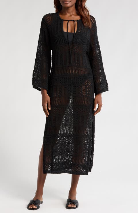 Lace Knit Long Sleeve Cover-Up Midi Dress