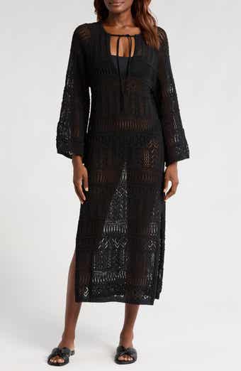 Lace Knit Long Sleeve Cover-Up Midi Dress