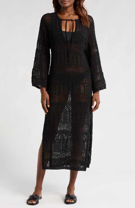 Lace Knit Long Sleeve Cover-Up Midi Dress