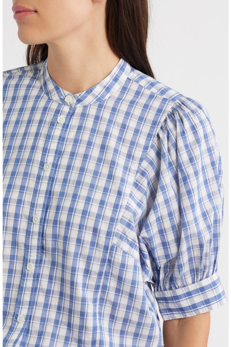 Plaid Puff Sleeve Band Collar Shirt, Alternate, color, BLUE WHITE PLAID