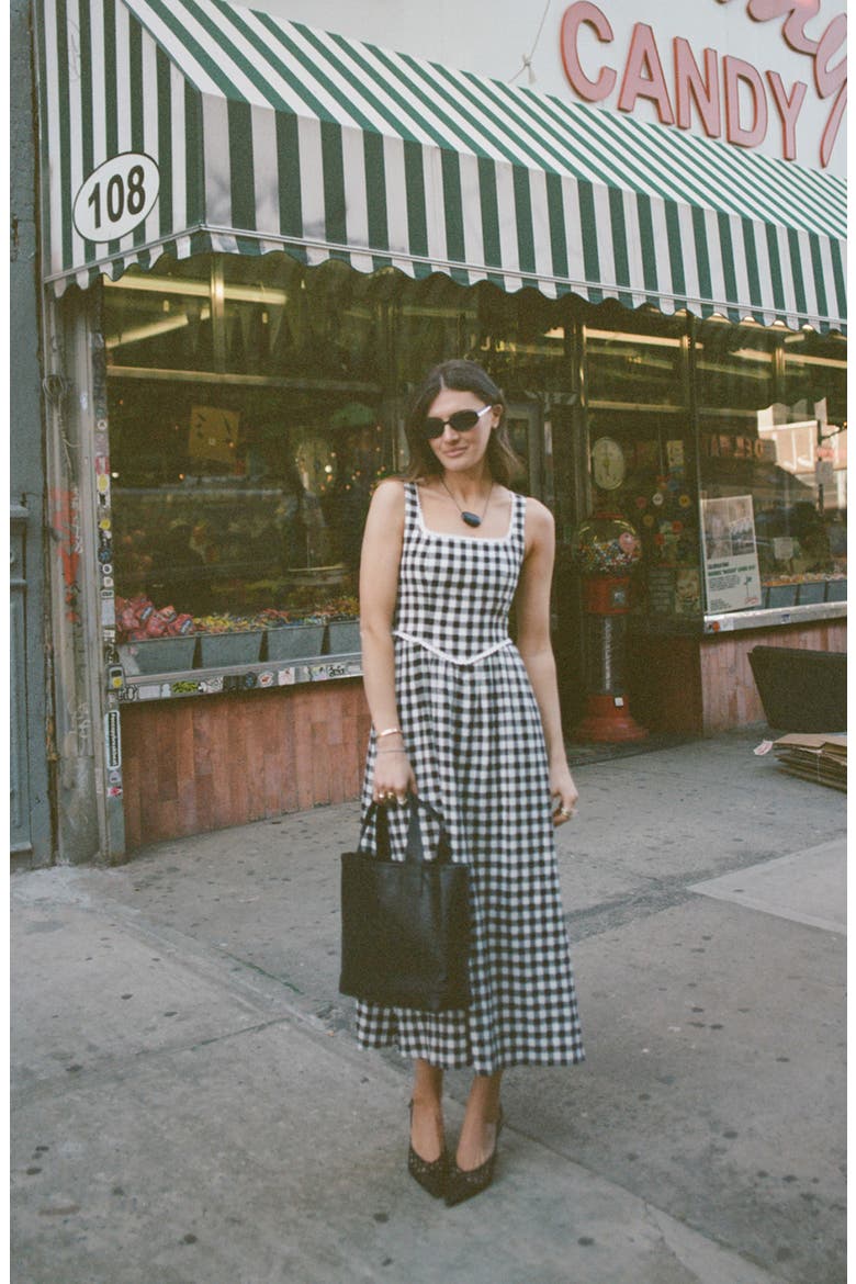 x Styled by COCO! Gracie Gingham Linen Blend Midi Dress, Alternate, color, BLACK GINGHAM