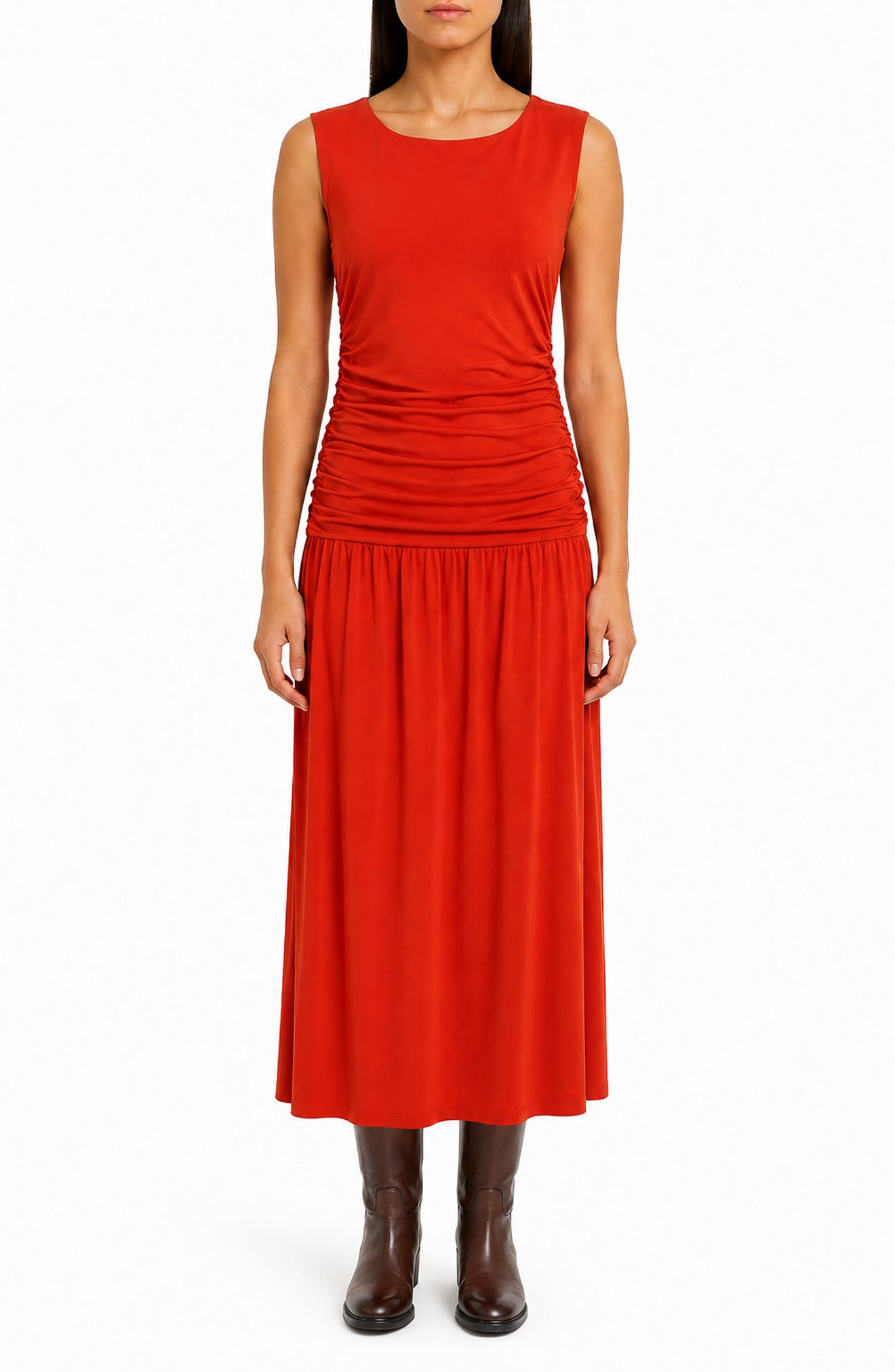 Ruched Sleeveless Drop Waist Midi Dress
