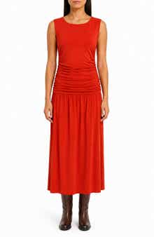 Ruched Sleeveless Drop Waist Midi Dress
