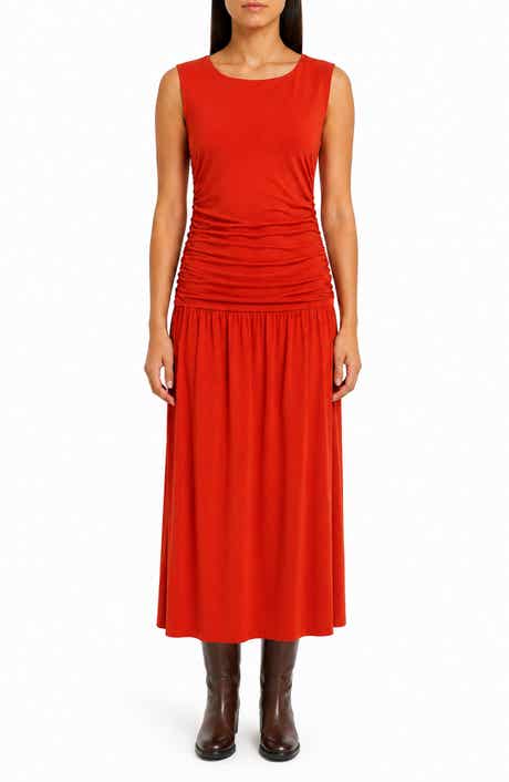 Ruched Sleeveless Drop Waist Midi Dress