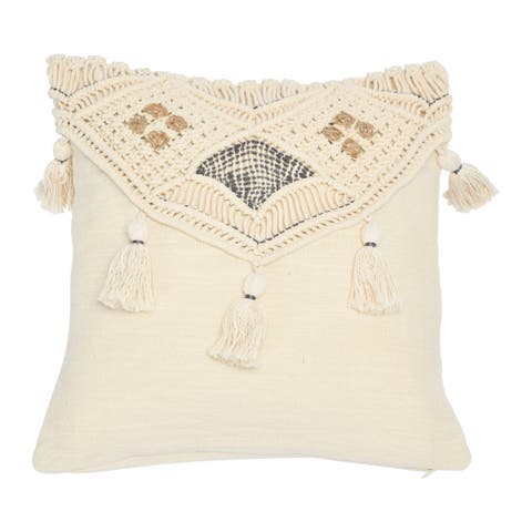 Hand-Woven Cotton and Jute Macramé Pillow with Tassels
