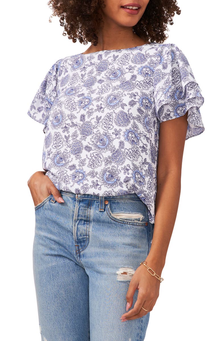 Vince Camuto Floral Print Flounce Sleeve Blouse, Main, color, Ultra White