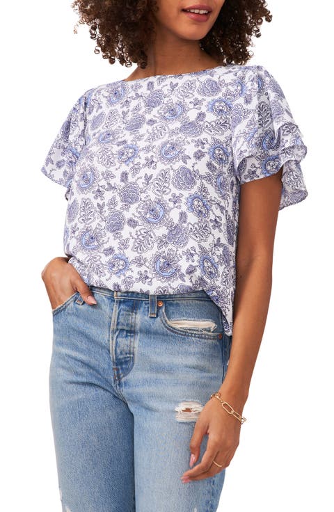 Floral Print Flounce Sleeve Blouse