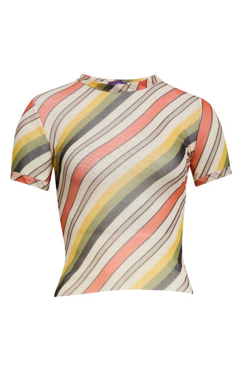 Retro Stripe Print Crop Mesh Baby Tee