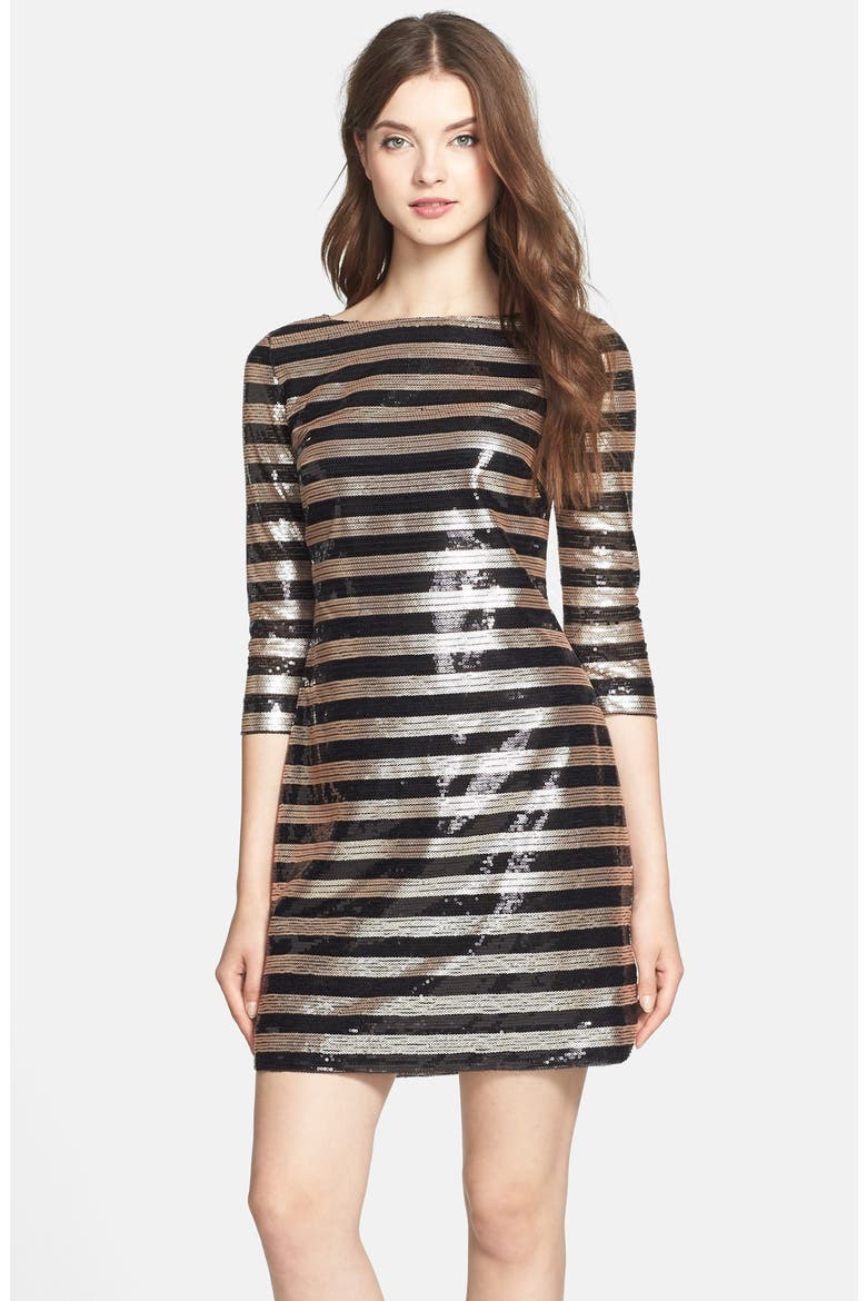 Stripe Sequin Shift Dress, Main, color, BLACK/ ROSE GOLD