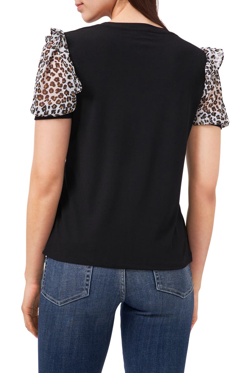 CeCe Mixed Media Puff Sleeve Crepe T-Shirt, Alternate, color, 