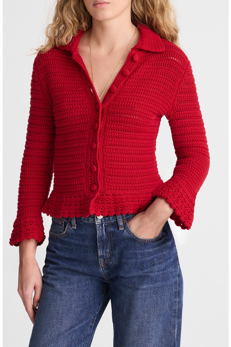 Pointelle Knit Peplum Cotton Cardigan, Main, color, CRIMSON