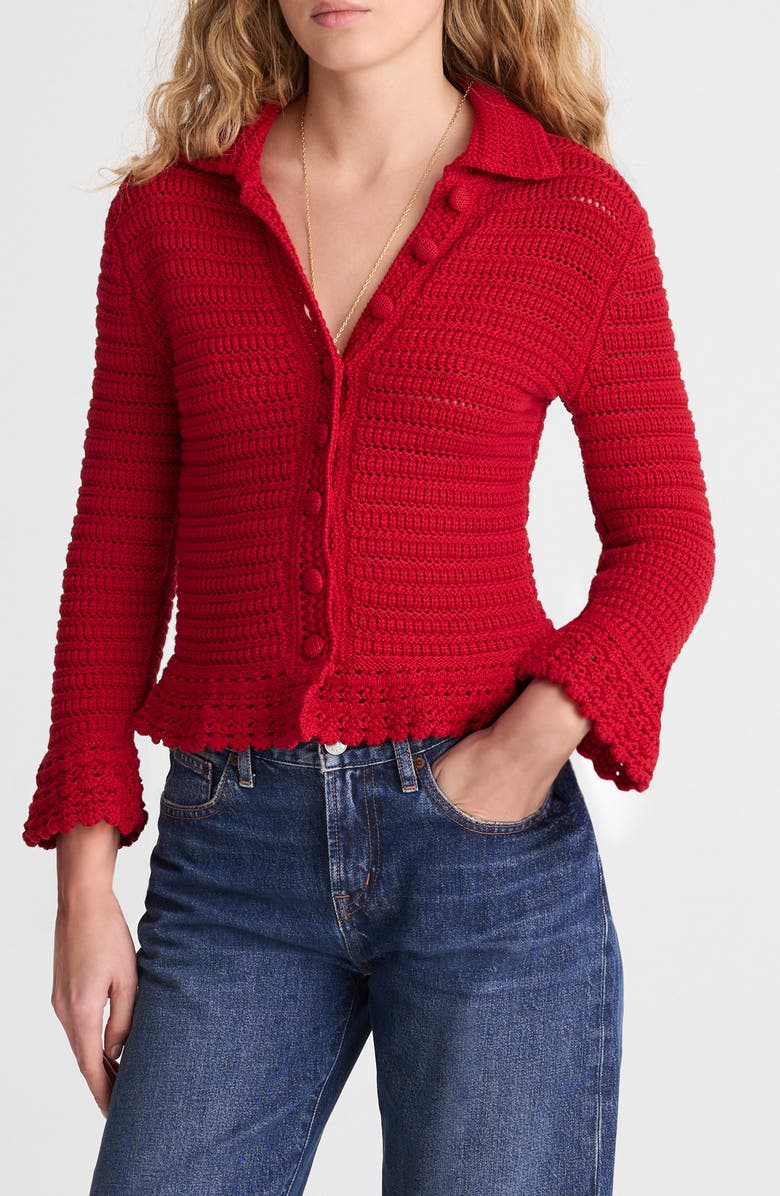 Madewell Pointelle Knit Peplum Cotton Cardigan, Main, color, Crimson