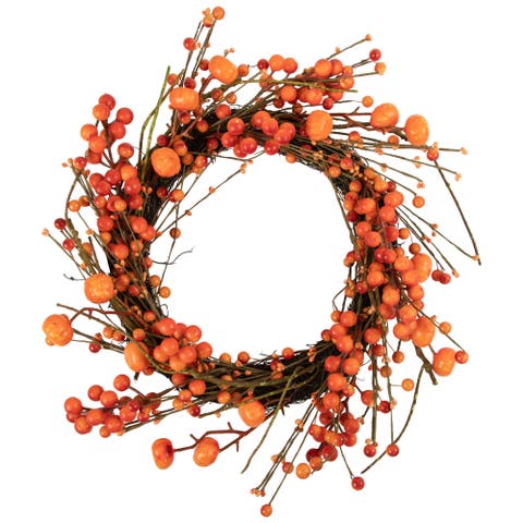 Mini Pumpkins and Berries Artificial Fall Harvest Twig Wreath - 20"