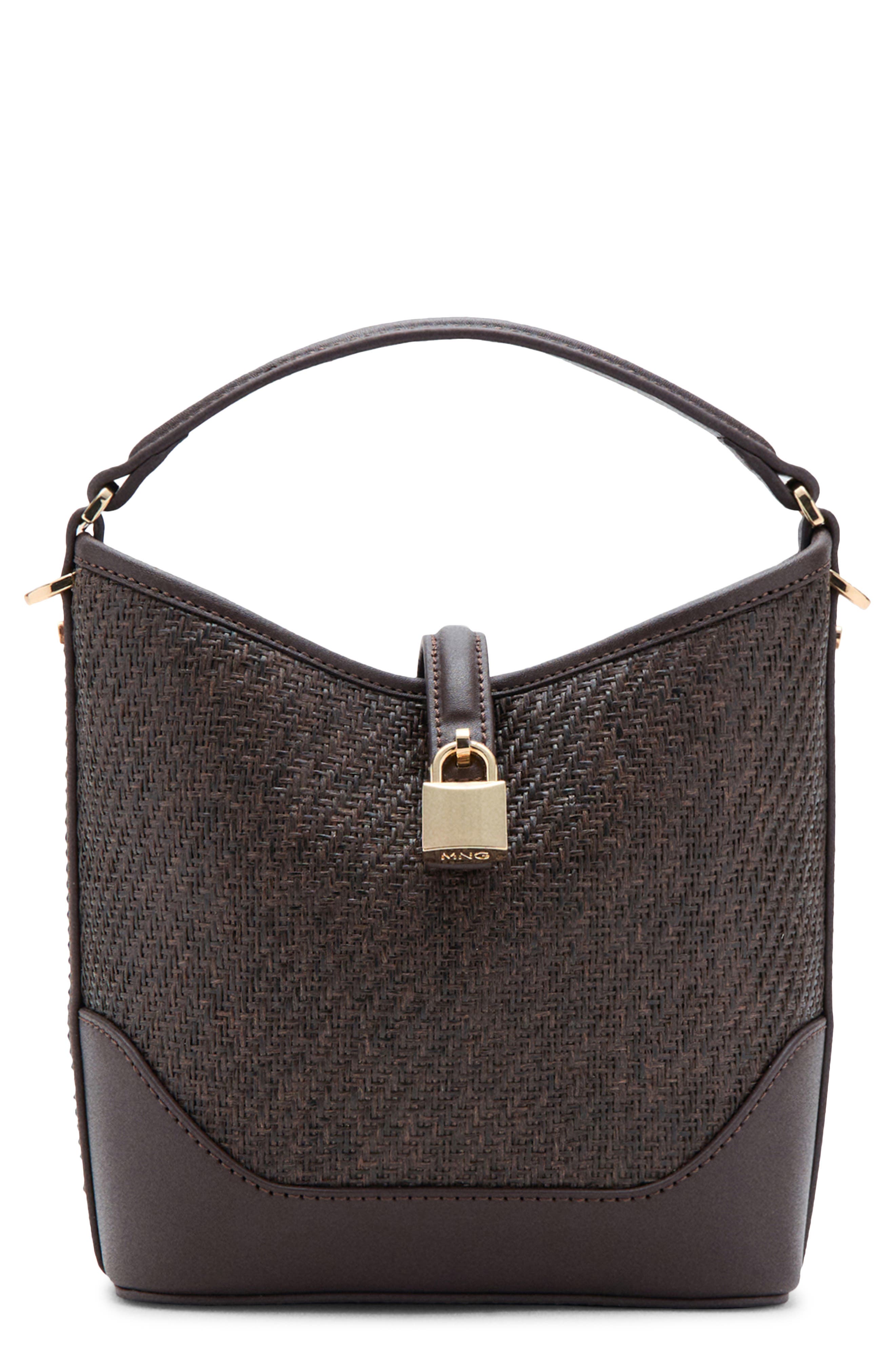 MANGO Small Raffia Bucket Bag, Main, color, Chocolate