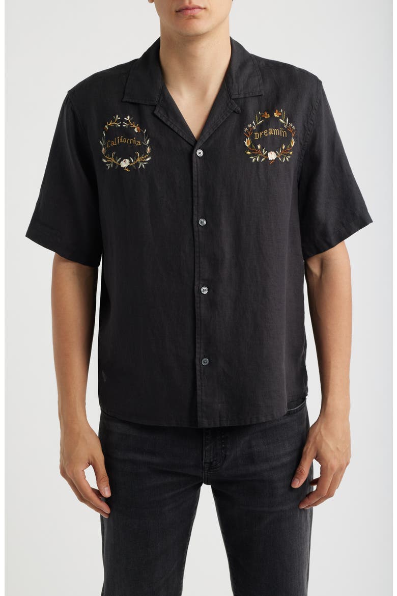 Klavicle California Dreamin' Embroidered Linen Camp Shirt, Main, color, JET BLACK