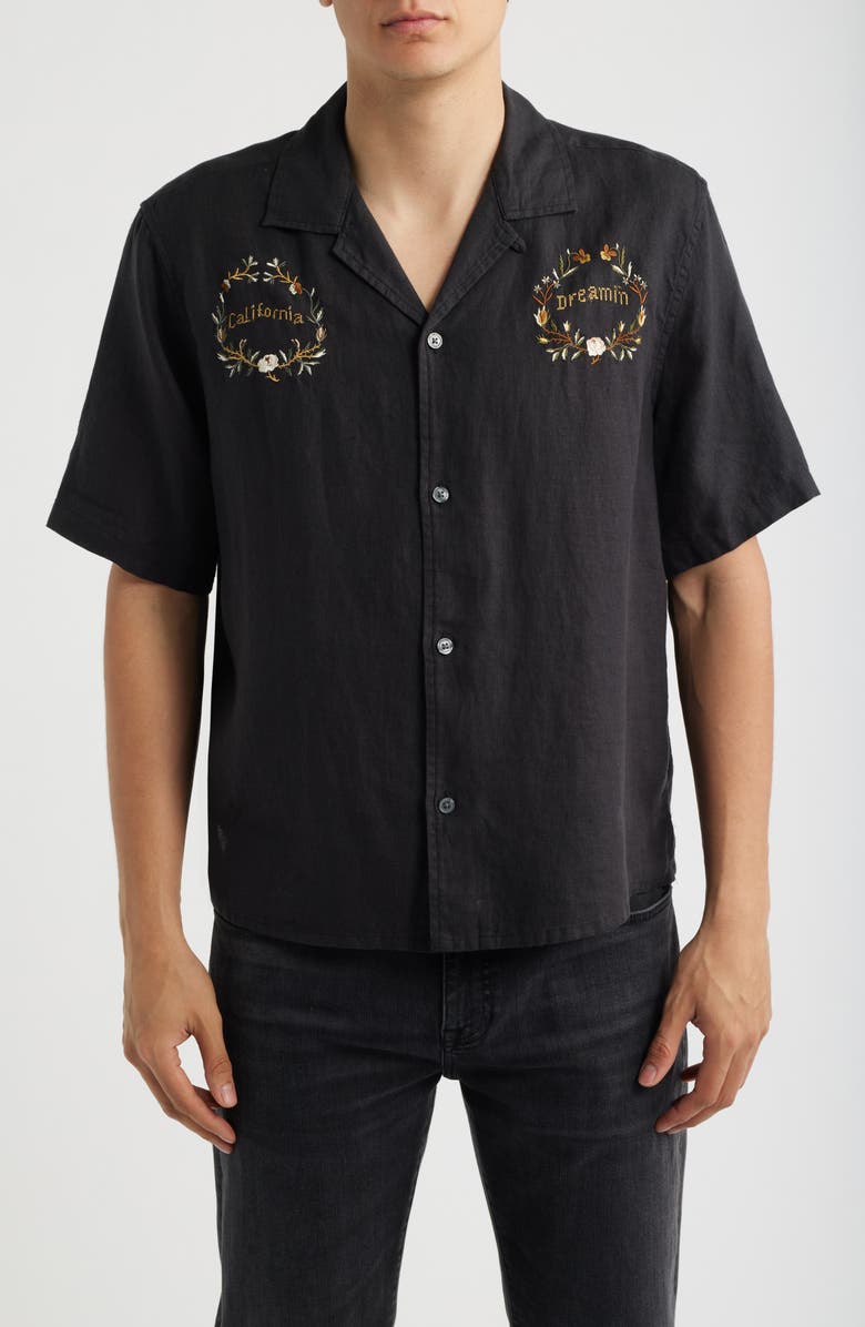 AllSaints Klavicle California Dreamin' Embroidered Linen Camp Shirt, Main, color, Jet Black