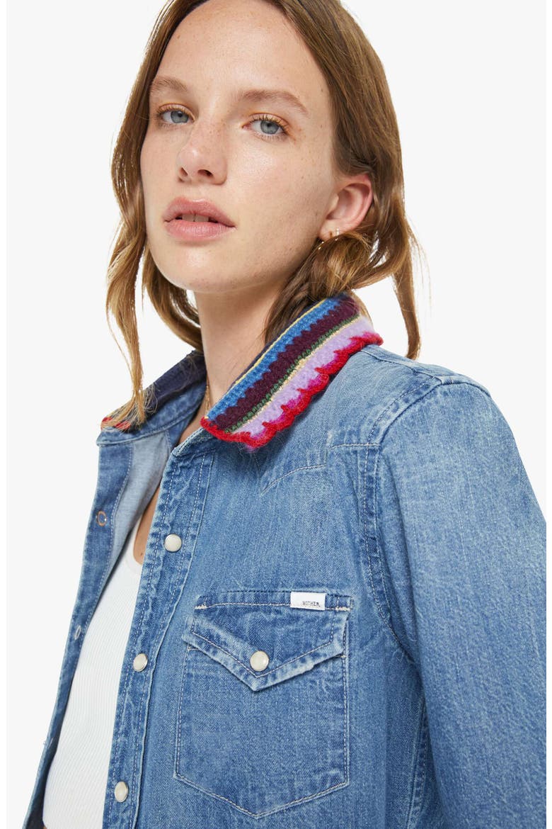 The Collar Club Denim Shirt Jacket with Removable Crochet Collar, Alternate, color, BROWNIE POINTS