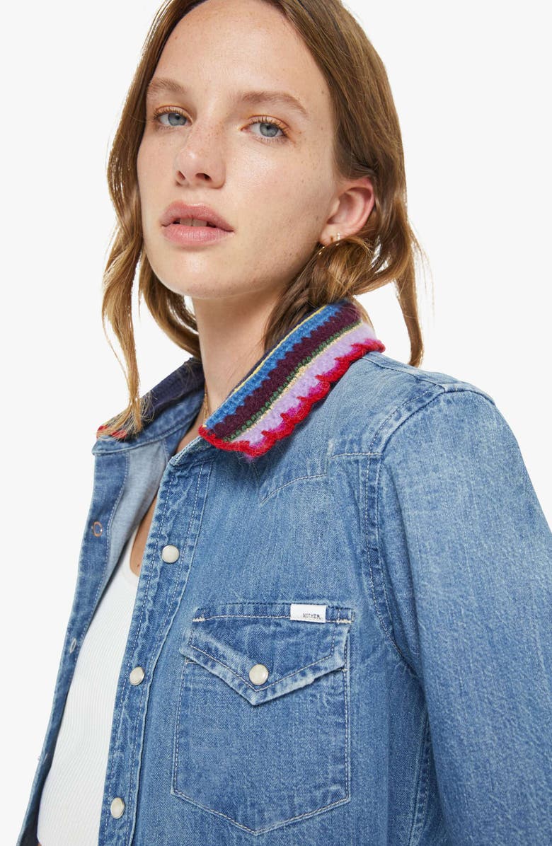 MOTHER The Collar Club Denim Shirt Jacket with Removable Crochet Collar, Alternate, color, Brownie Points