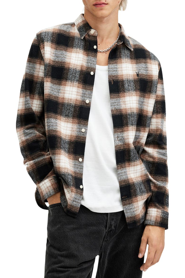 Mercy Plaid Cotton Flannel Button-Up Shirt, Main, color, RUSTY ORANGE/BLACK/WHITE