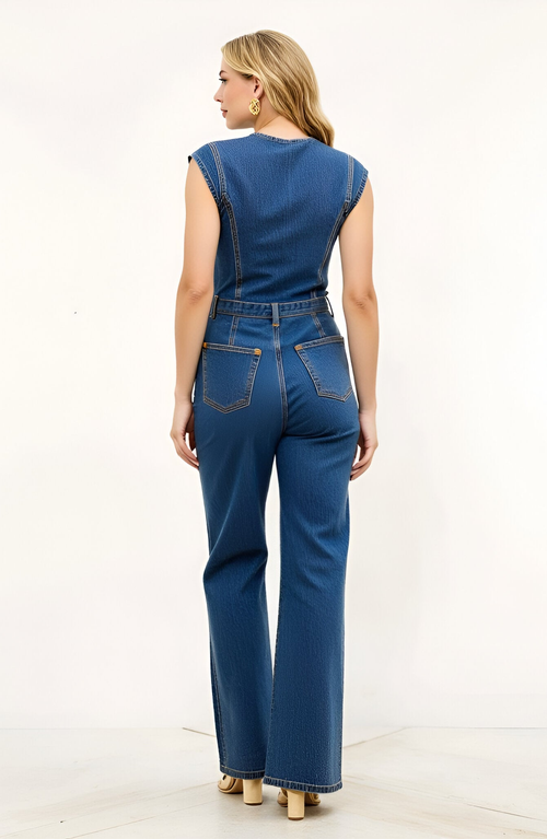 Modenaire Denim Zip Front Belted Sweetheart Neckline Wide-leg Jumpsuit In Blue