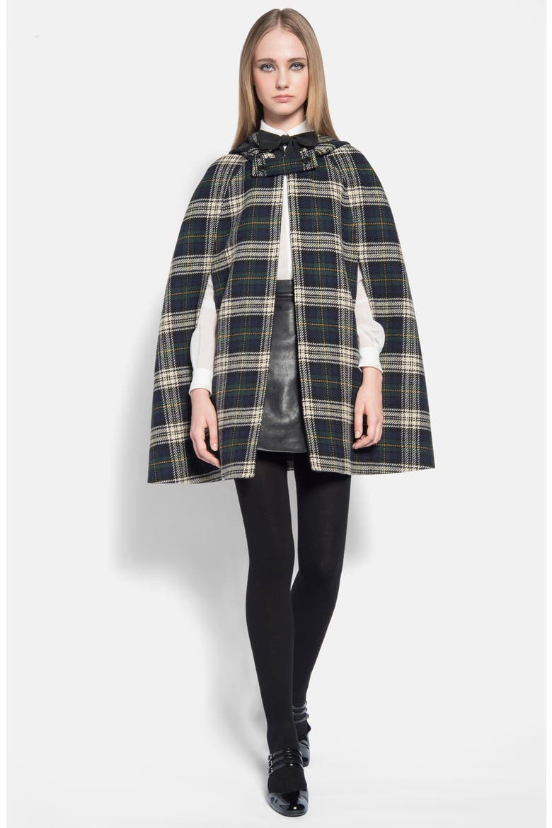 Hooded Tartan Wool Cape, Main, color, BLUE GREEN IVORY
