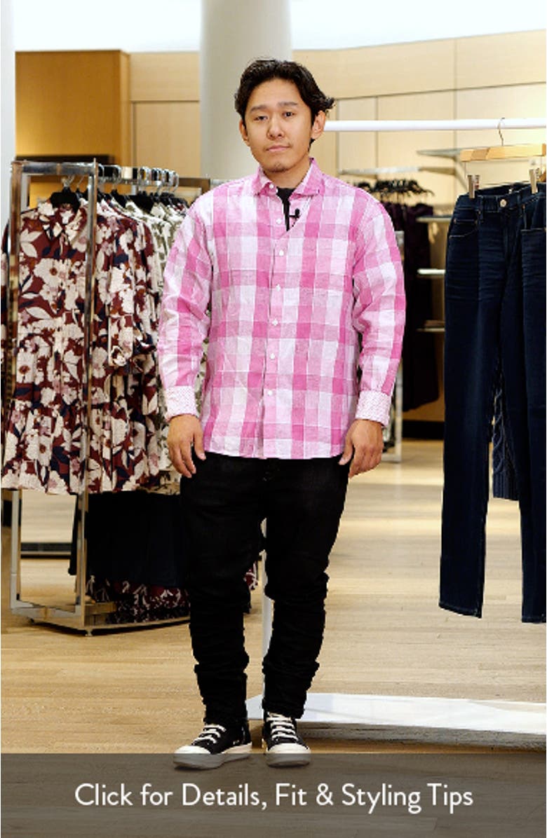 Barbados Breeze Beach Day Check Stretch Linen Button-Up Shirt, sales video thumbnail