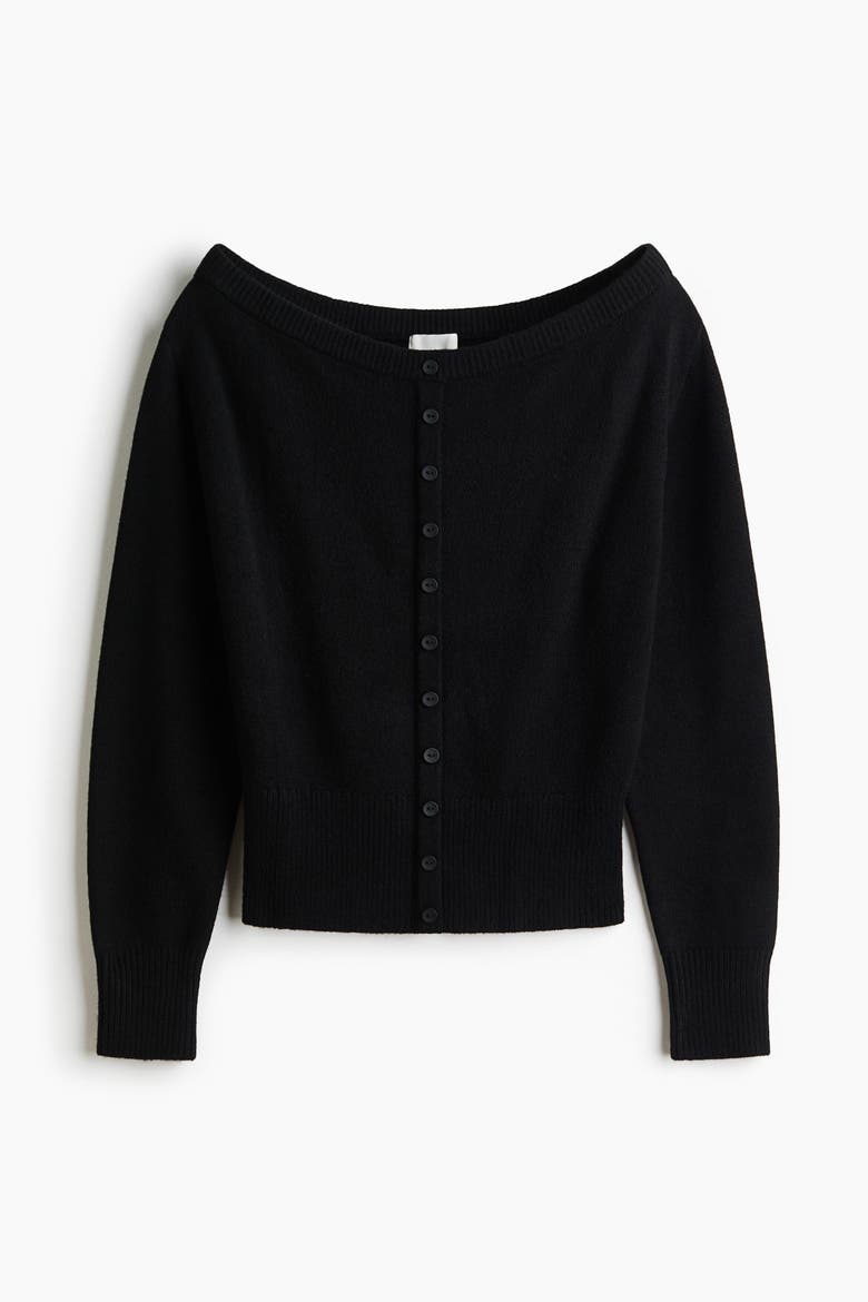 Bouclé-Knit Off-The-Shoulder Cardigan, Alternate, color, Black