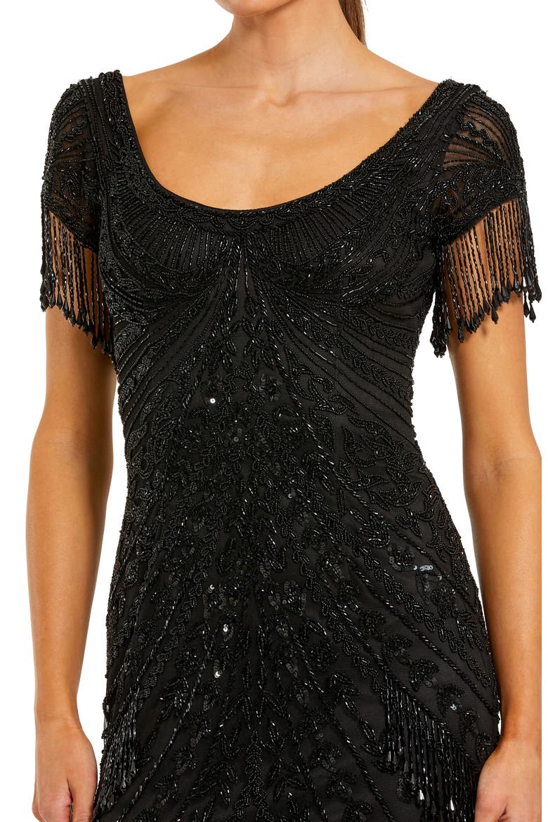 Beaded Mesh Fringe Short Sleeve Column Gown, Alternate, color, Black