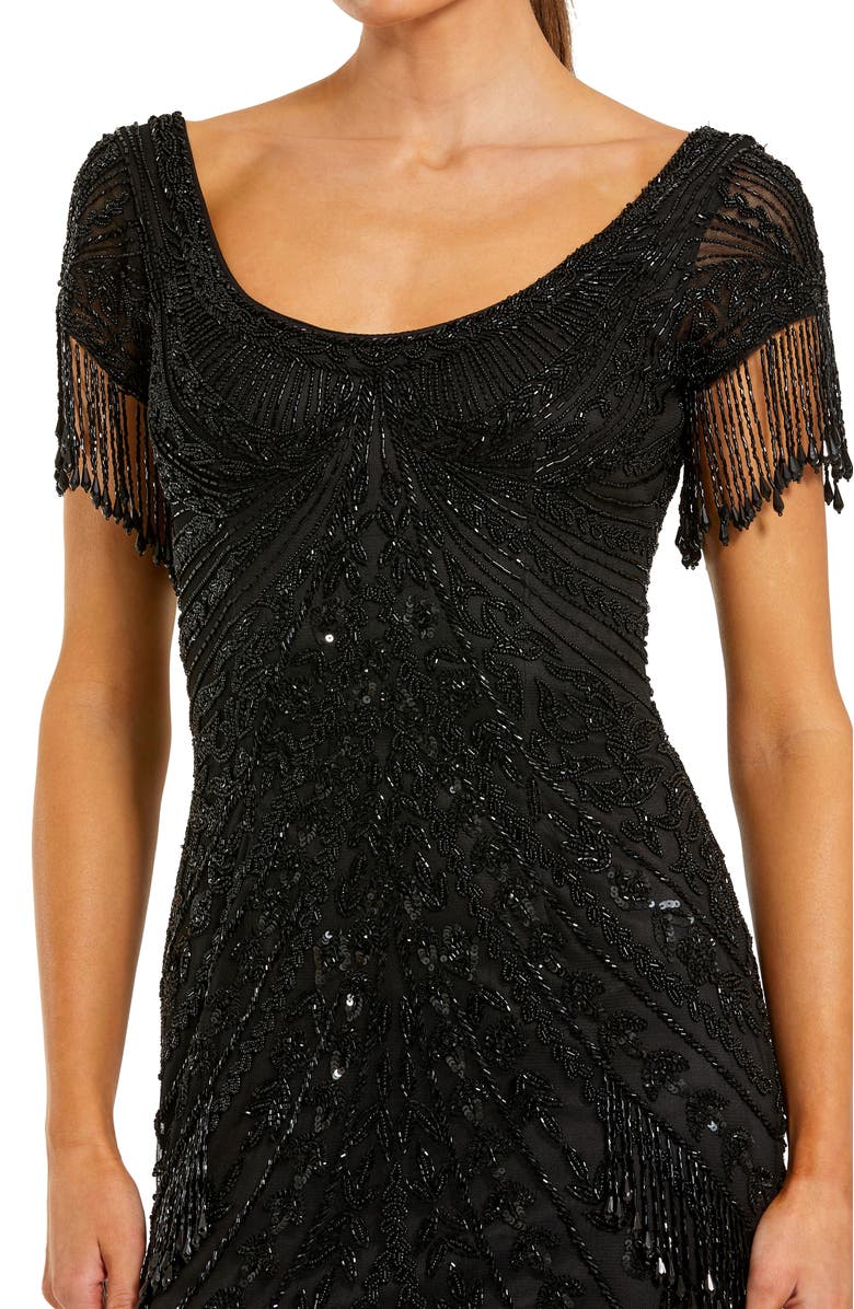 Mac Duggal Beaded Mesh Fringe Short Sleeve Column Gown, Alternate, color, Black