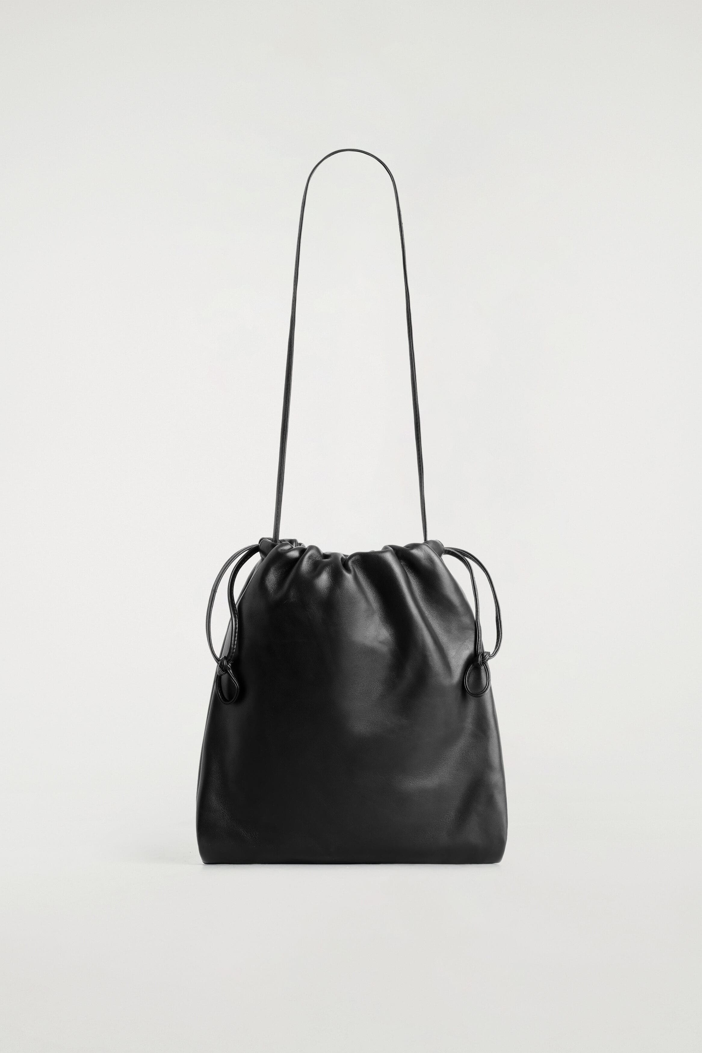 Drawstring Crossbody Bag - Leather, Main, color, BLACK