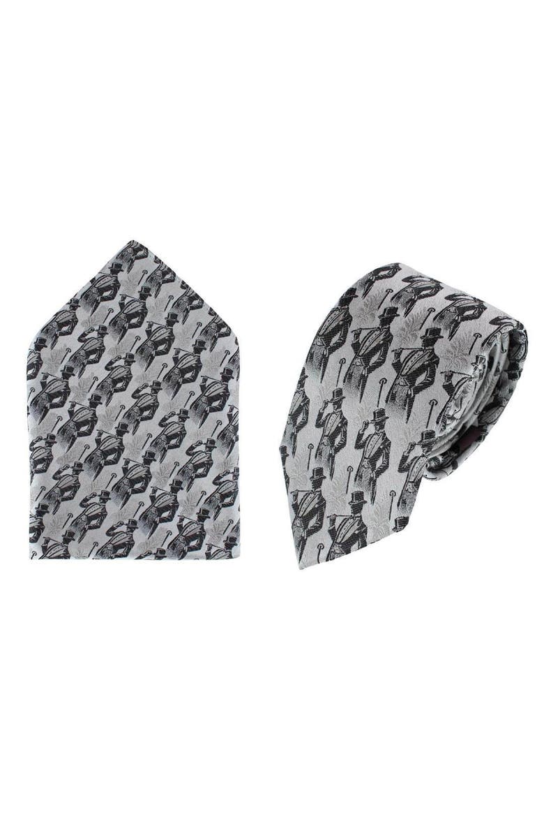 Big & Tall Ambrose Dapper Night Silk Novelty Silk Necktie and Pocket Square, Main, color, Silver and Black